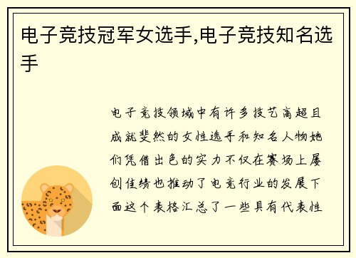 电子竞技冠军女选手,电子竞技知名选手